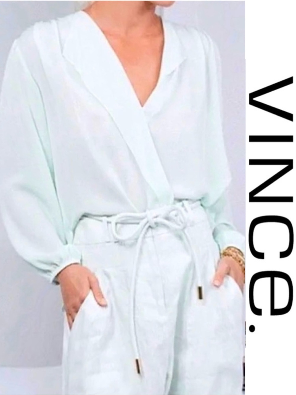 NEW Vince Silk Sheer Shirred Crepe Lightweight Blouse Sea Foam